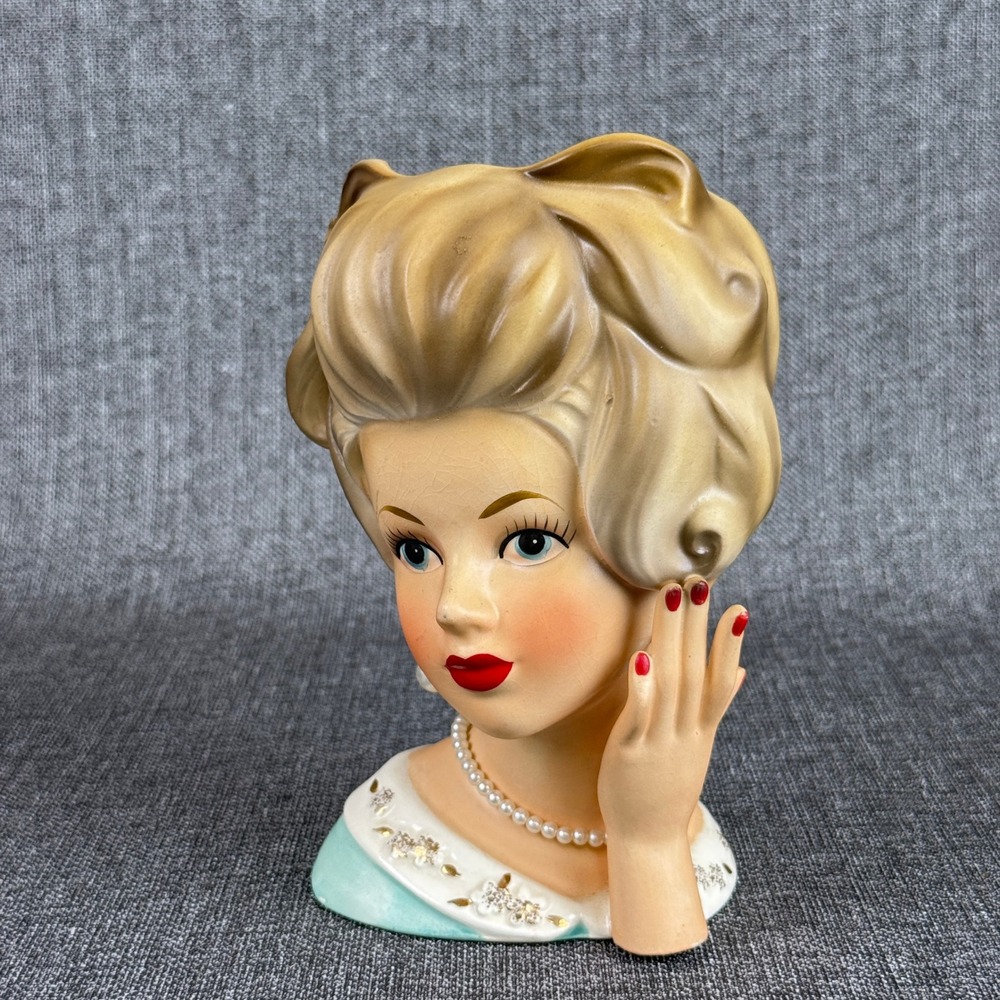 Vintage Ceramic Lady Head Vase Planter Glamour Mid Century Pearl Jewelry